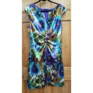 Dress Barn Size 16 Ruched Front & Back Zip Back Water Color Cocktail Dress